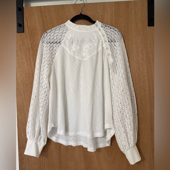 Free People Sweetest Thing White Embroidered Lace shirt Cottagecore romantic M - Picture 3 of 11